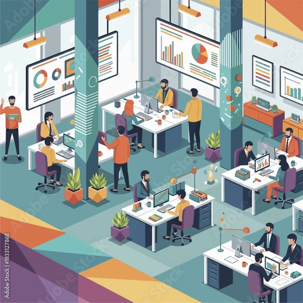 Fototapeta Isometric Office Scene with Employees Working at Desks.