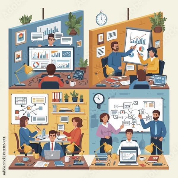 Fototapeta Set of Four Illustrations Showing Business People Collaborating in Office Environments.