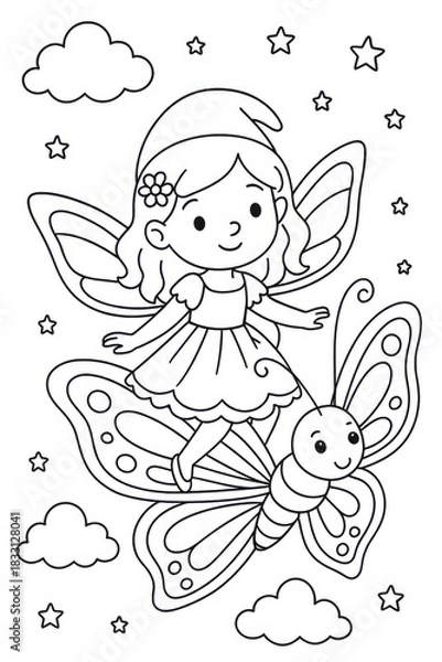Fototapeta Children’s fairy coloring page featuring a cute fairy riding a large butterfly among clouds and stars. Thin black line art with simple clear contours and many small decorative details.