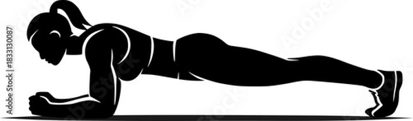 Fototapeta Silhouette of a fitness trainer demonstrating a plank exercise. Fitness, workout, core, gym, strength