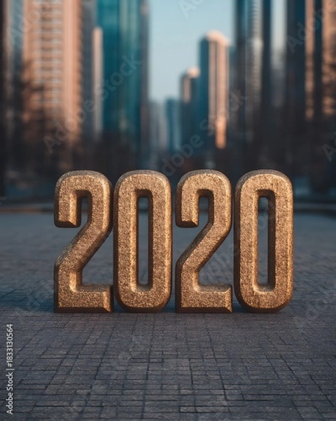 Fototapeta A stylized "2020" sculpture stands prominently on a city street, surrounded by modern skyscrapers, capturing a blend of urban life and art.