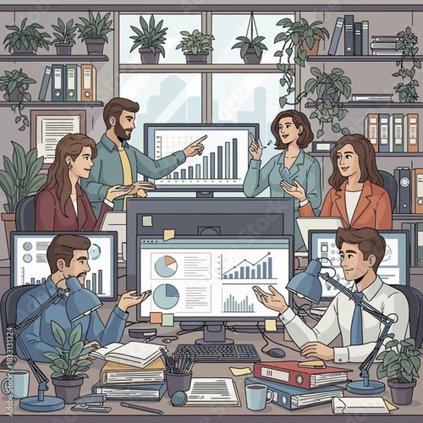 Fototapeta Team Collaboration Analyzing Data in a Modern Office.