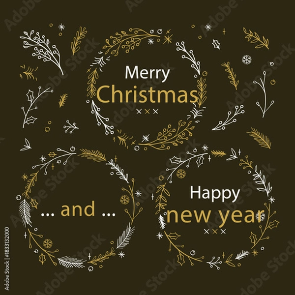 Fototapeta A collection of elegant Christmas wreaths drawn with golden and white botanical lines on a dark background. Includes holiday messages such as “Merry Christmas” and “Happy New Year,” creating a refined