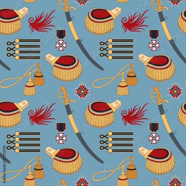 Fototapeta seamless pattern with sabers, epaulettes and medals