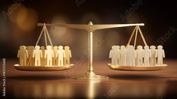 Obraz A golden balance scale comparing groups of people symbolizing equality, justice and the broader concept of evaluating fairness within collective social or organizational contexts.
