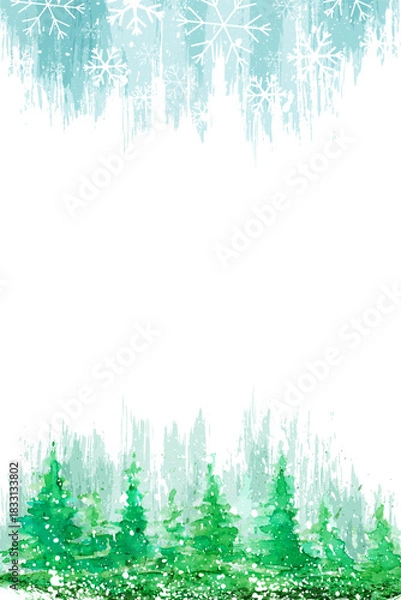 Obraz Winter forest. Vector illustration with fir trees and snowflake borders.