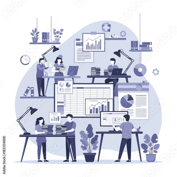 Fototapeta Team of business professionals working together in an office environment analyzing data and reports.