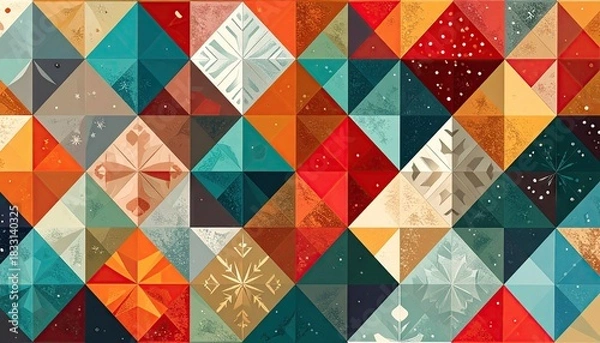 Obraz Abstract Geometric Mosaic Pattern with Winter Snowflake Motifs and Warm Colors.