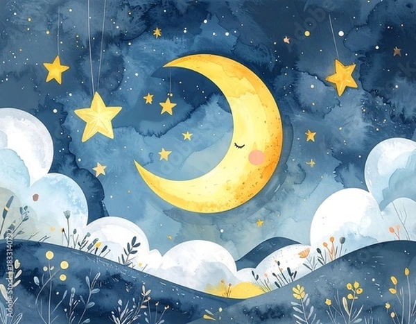 Obraz Dreamy night sky watercolor scene with a crescent moon, stars, clouds, and floral elements in blue and yellow tones