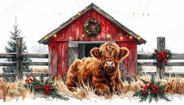 Obraz Cute Fluffy Highland Cow Calf in Festive Barn Setting.