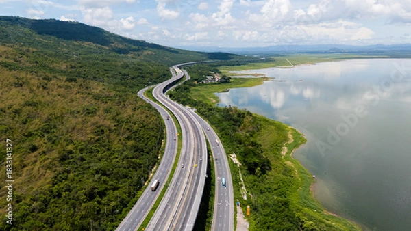 Fototapeta Drone shot The M6 motorway Nakhon Ratchasima Province - Bang Pa-in Lam Ta Khong River and Mountain. Motorway Korat Thailand