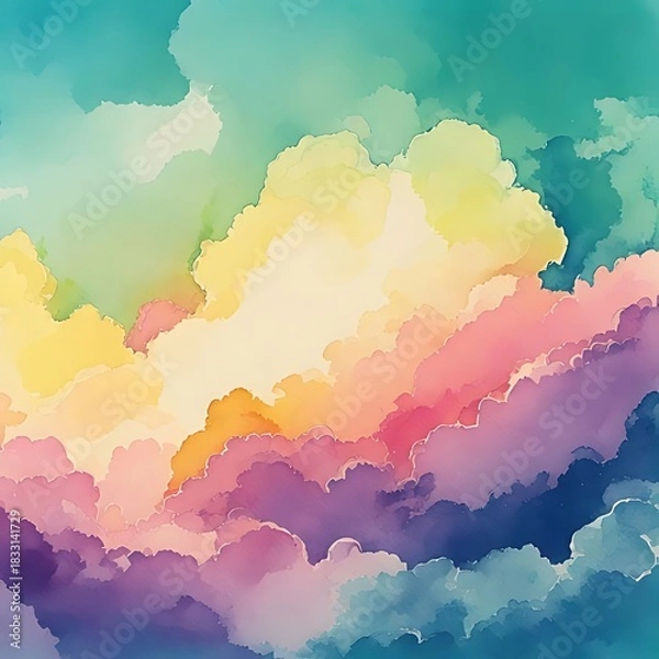 Obraz Dreamy pastel cloudscape in watercolor style, featuring blends of pink, purple, yellow, blue, green and peach tones
