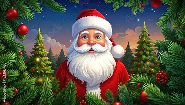 Obraz Santa Claus portrait surrounded by festive Christmas trees and winter night sky.
