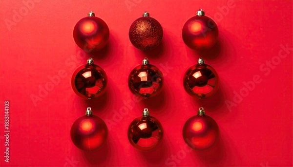 Obraz A festive arrangement of nine shiny red Christmas ornaments displayed in a neat grid pattern on a vibrant red backdrop.