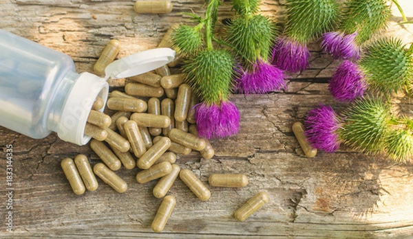 Obraz Milk thistle supplements in nature. Selective focus.