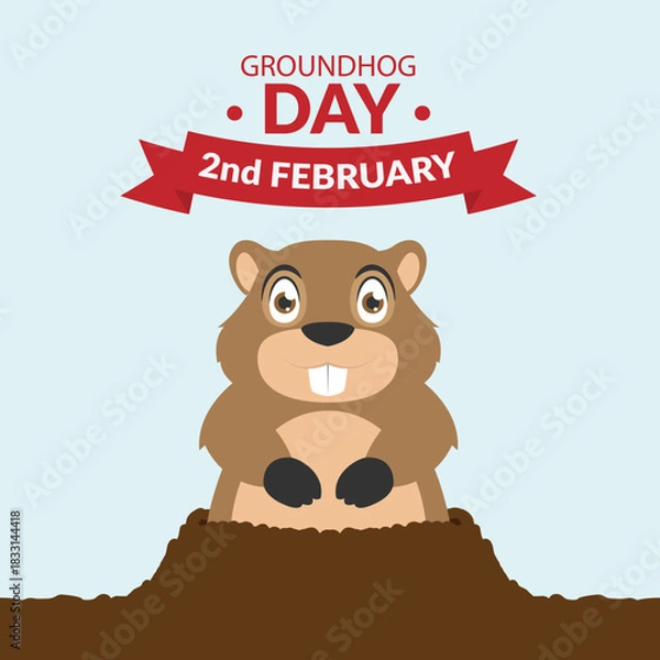 Fototapeta Cute groundhog illustration with a red ribbon banner reading “Groundhog Day – 2nd February.” Clean and modern design perfect for seasonal promotions.