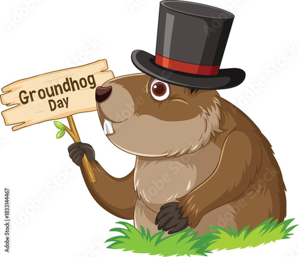 Fototapeta Elegant groundhog wearing a top hat and holding a Groundhog Day sign. Friendly and fun illustration on a clean white background for holiday designs.
