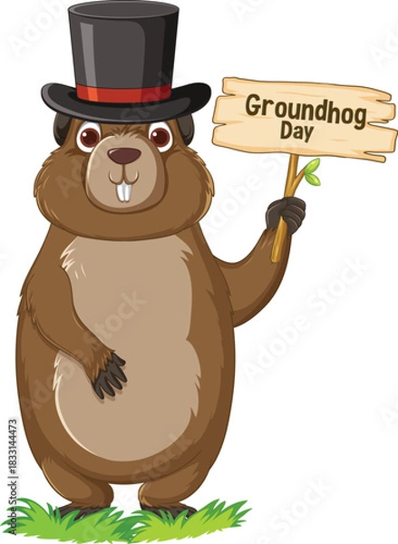 Fototapeta Elegant groundhog wearing a top hat and holding a Groundhog Day sign. Friendly and fun illustration on a clean white background for holiday designs.