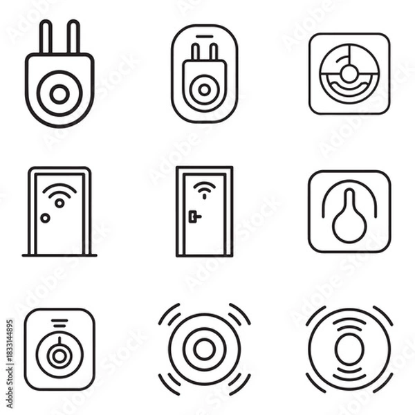 Obraz Comprehensive smart home outline icon set featuring various devices and systems silhouette