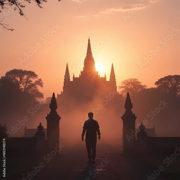 Fototapeta Silhouette of a man walking towards a temple at sunrise in foggy atmosphere  