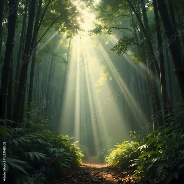 Fototapeta Sunlight streaming through bamboo forest creating serene ambiance  