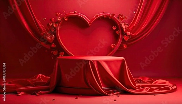 Obraz Elegant Red Podium Stage with Heart Arch and Romantic Drapes.