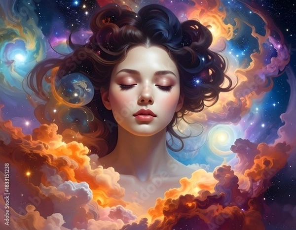 Obraz Dreamy portrait of a woman surrounded by cosmic nebulae, stars, and swirling clouds, eyes closed in peaceful meditation