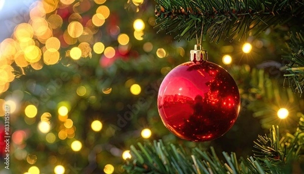 Obraz Festive Red Christmas Ornament Hanging on a Decorated Tree with Bokeh Lights.