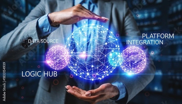 Fototapeta Businessman holding digital sphere hologram for data source platform integration and logic hub connection in future technology network system with security protection and global information management