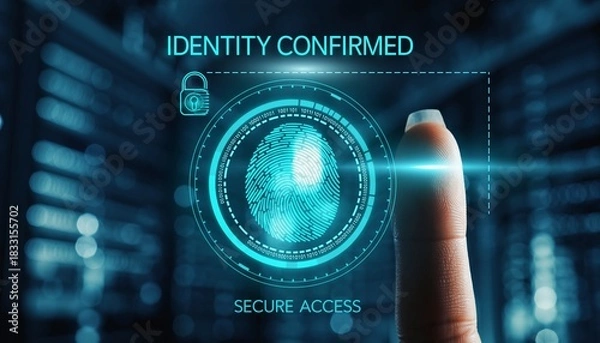 Fototapeta A person finger tapping a digital fingerprint for secure access with bright blue biometric interface glowing in a dark cyberspace background for identity protection and security system.