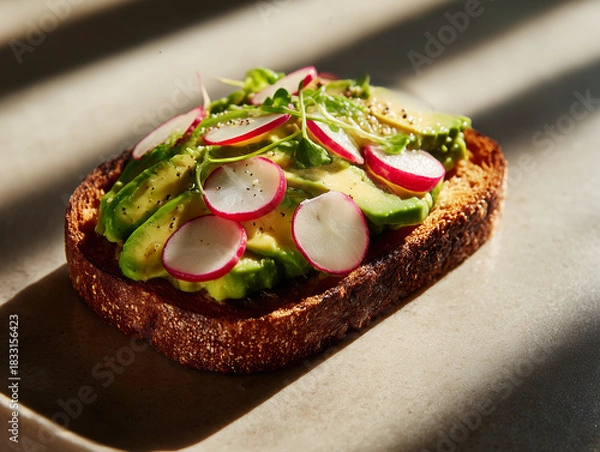 Fototapeta Toasted sourdough with avocado and radish, clean tabletop, crisp high-end food lighting