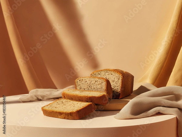 Fototapeta Vegan banana bread slices on a minimalist table, soft warm tones, uncluttered composition