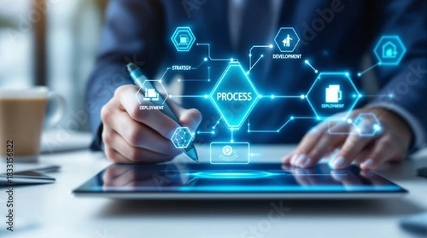 Fototapeta A business professional hand on tablet with digital workflow diagram object performing process planning action through data driven strategy technology in modern management environment.