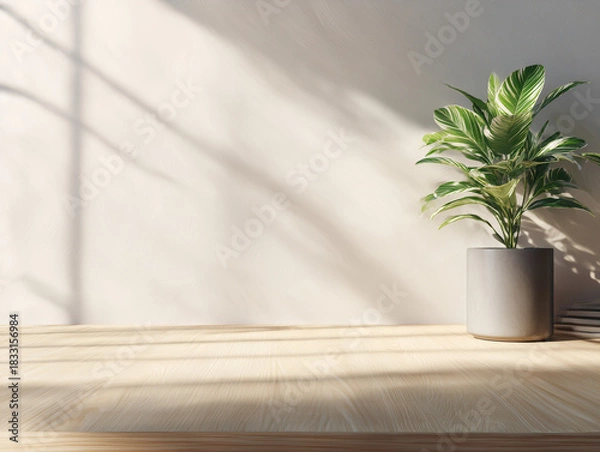 Fototapeta Workspace with light wooden surface and single indoor plant, soft winter light, editorial minimalism