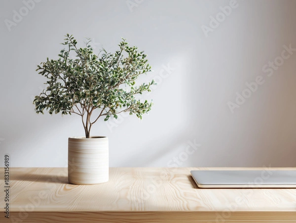 Fototapeta Workspace with light wooden surface and single indoor plant, soft winter light, editorial minimalism