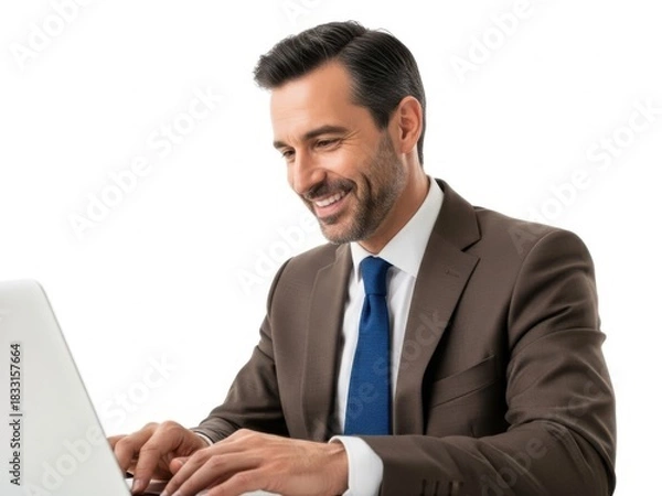 Fototapeta Businessman smiling while working on a laptop computer