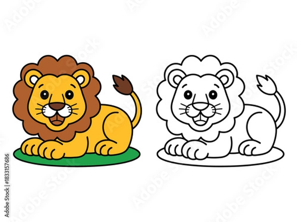 Obraz A cartoon lion is depicted next to its outline for coloring, showcasing a playful and educational animal illustration for children.