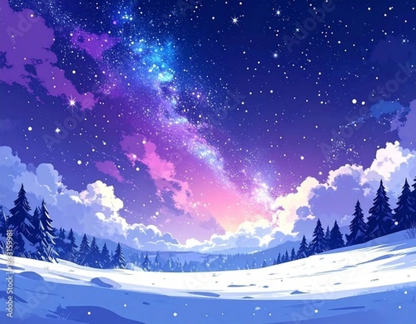 Obraz Dreamy snow-covered landscape with a vibrant, colorful, starry galaxy illuminating the winter night sky