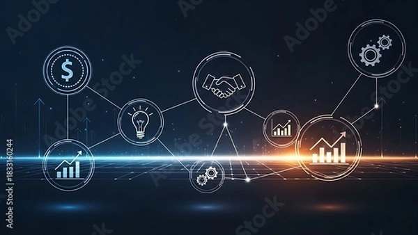 Fototapeta Futuristic digital network concept visualizing business growth, financial strategy, innovation, and interconnected solutions in a modern technological landscape