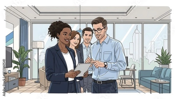 Fototapeta Team Collaboration in Modern Office Diverse Professionals Analyzing Data on Tablet