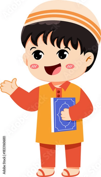 Obraz Cartoon of a happy young Muslim boy in traditional attire holding the holy Quran.