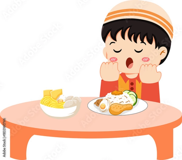Obraz Illustration of a boy praying before eating a meal at a table.