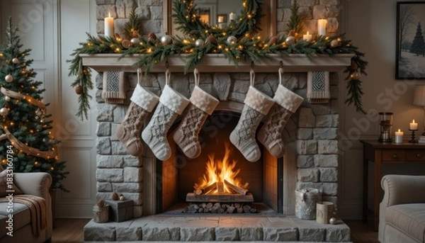 Obraz fireplace with christmas decorations