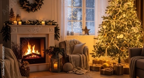 Obraz fireplace with christmas decorations