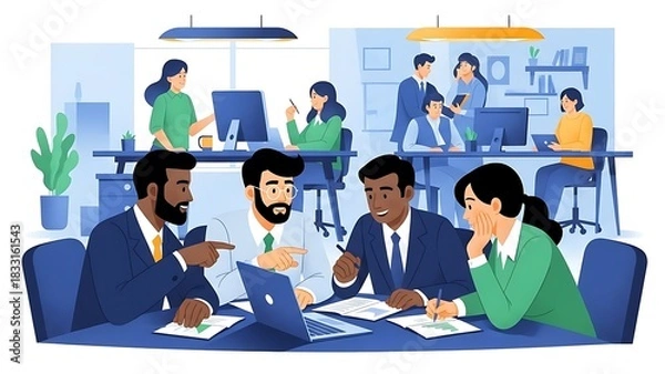 Fototapeta Illustration of a multicultural business team working together, brainstorming ideas in a contemporary corporate setting