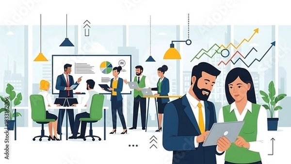 Fototapeta Diverse team of business professionals collaborating in a modern office, analyzing data on charts and graphs for company growth