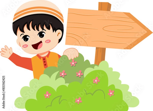 Obraz Cartoon of a boy wearing a kufi waving next to a bush and a wooden sign.