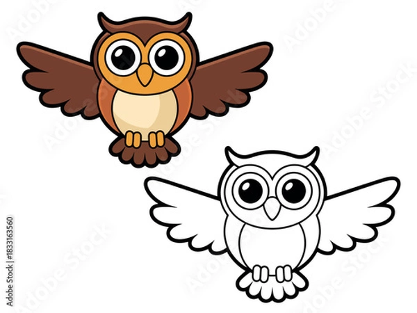 Fototapeta A cartoon illustration of a brown owl with its wings spread wide, next to a black and white outline version of the same owl for coloring.