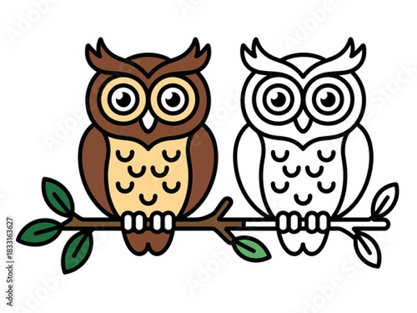 Fototapeta A colorful cartoon owl and its black and white outline sit on a tree branch with green leaves.