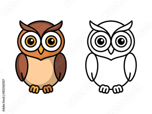 Fototapeta A simple illustration of a colorful owl and its outline for coloring.